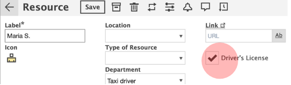 In the resource dialog window we can see and check (or uncheck) our check type data field