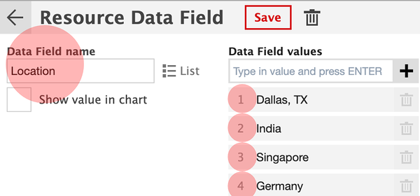 an example of a resource data field. Here we have different locations for our various resources