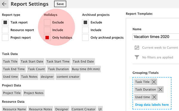 Making a report of Only holidays, works as a vacation time tracker.