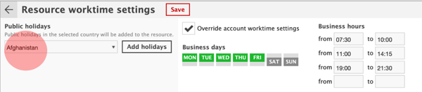 In Resource worktime settings you'll find the option to import holidays from any country by using the drop-down menu. 