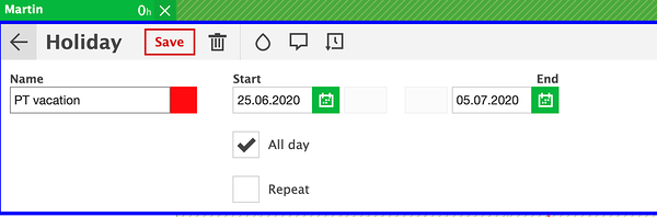 Scheduling a holiday in the Task dialog window, title it, choose the color, and duration