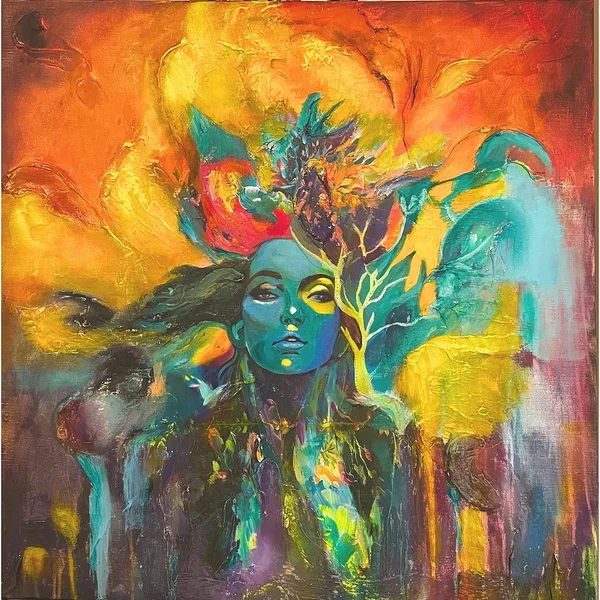 &quot;Kui tuli puudutas maad&quot; When fire touched the earth&quot; 2025 akrüül lõuendil 80x80cm