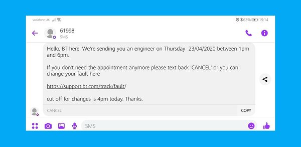 Appointment reminder SMS example