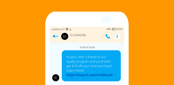 Example text message for customer loyalty referral program