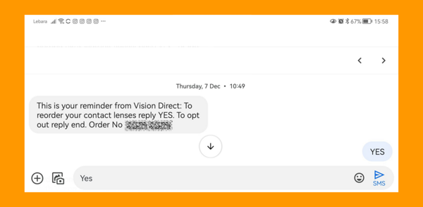 Text message screenshot of customer placing order via SMS