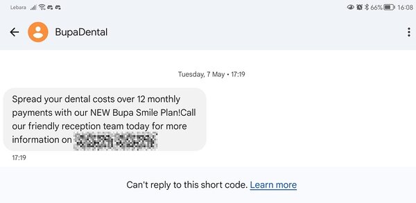 Text marketing screenshot from Bupa Dental