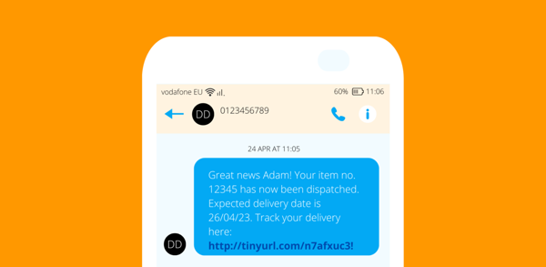 Example shipping notification text message