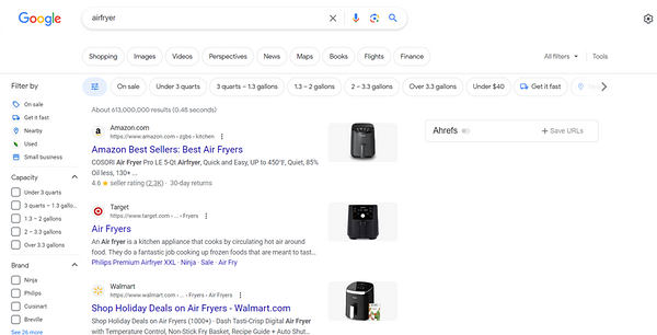 Google shopping tab showing airfryer search results