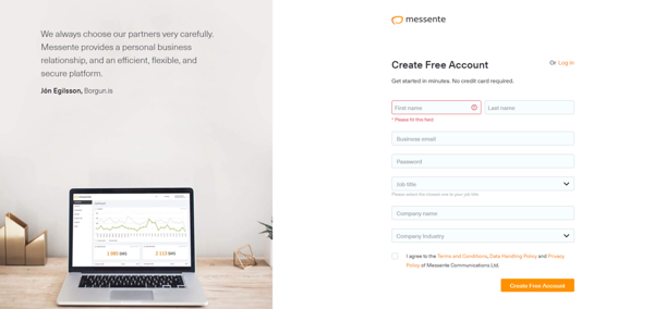 Messente account creation view