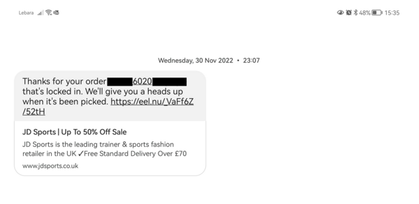 Order confirmation text message example