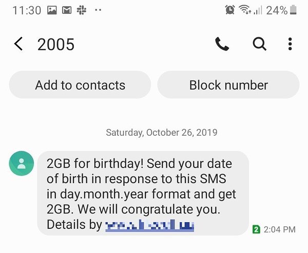 SMS example of a birthday reward for a customer