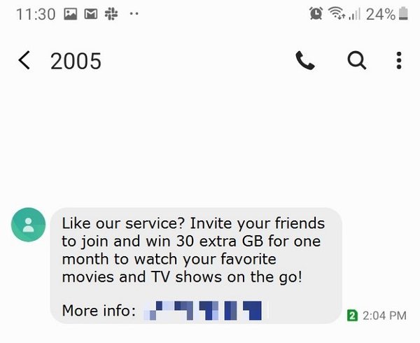 SMS example with an offer to refer a service to their friends