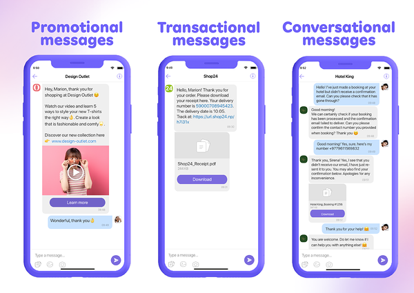 Screenshot from Viber website showing types of business messages