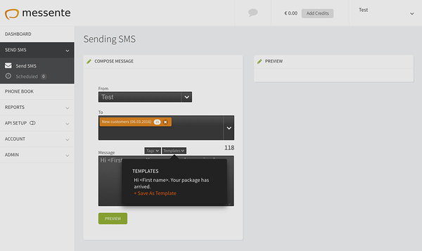 Picture showing how to use SMS templates in Messente's Dashboard