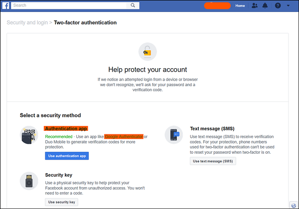 Setting up two-factor authentication on Facebook