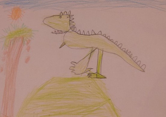 Unistus külastada Dino-parki Leedus. Lapse joonistus.  