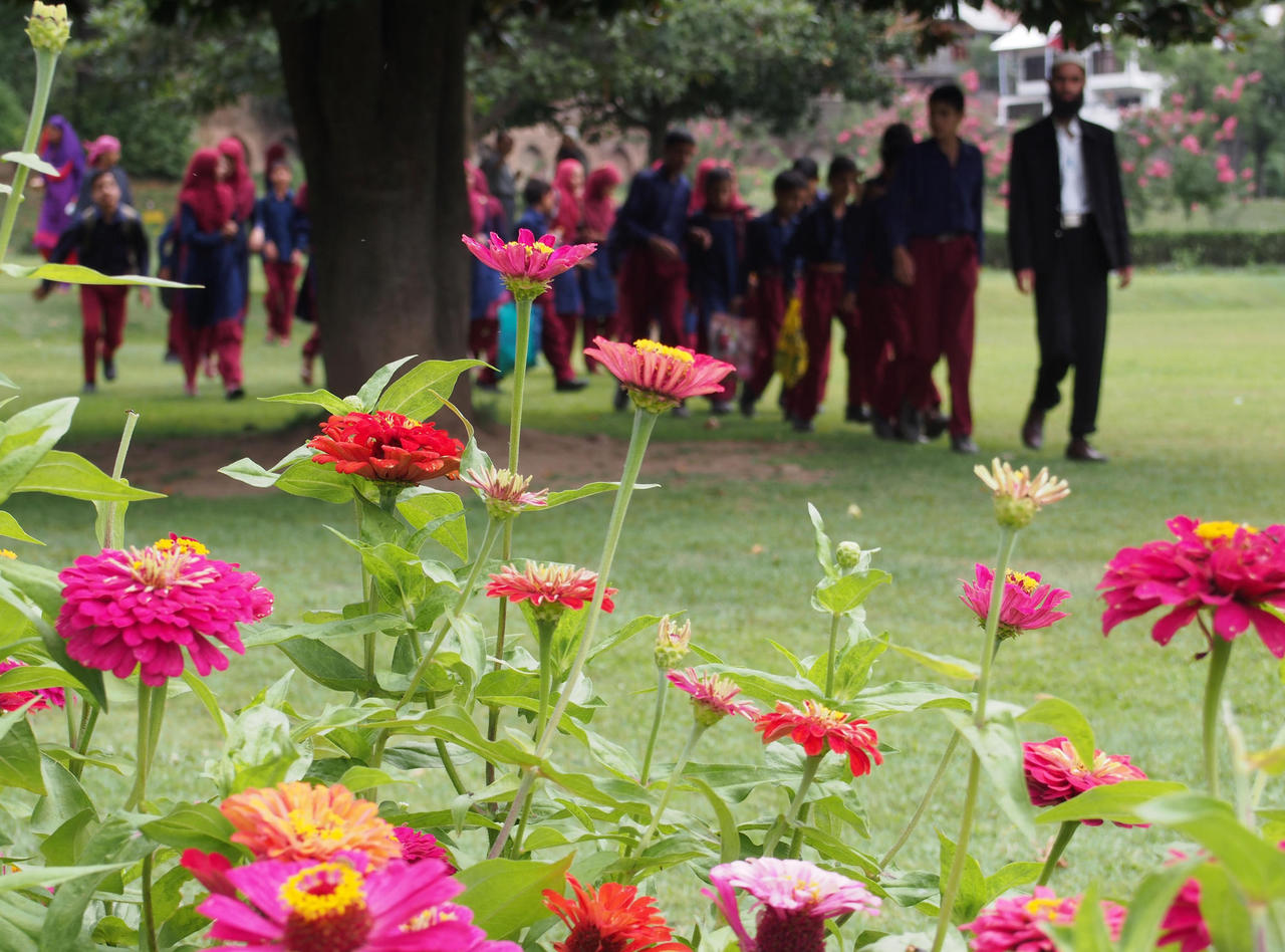 students with their teacher in Shalimar garden, Srinagar, India