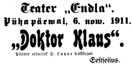 Kuulutus Postimehe Pärnu väljaandes 2. nov. 1911