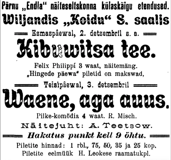 Endla külaskäiguetenduste kuulutus ajalehes Sakala 2. dets. 1913