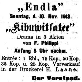 Kuulutus saksakeelses ajalehes Pernausche Zeitung 8. nov. 1913
