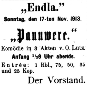 Kuulutus saksakeelses ajalehes Pernausche Zeitung 15. nov. 1913