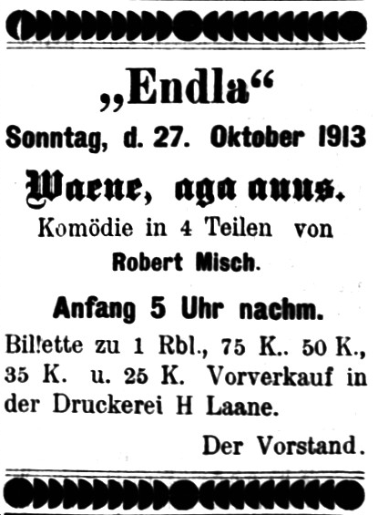 Kuulutus saksakeelses ajalehes Pernausche Zeitung 25. okt. 1913