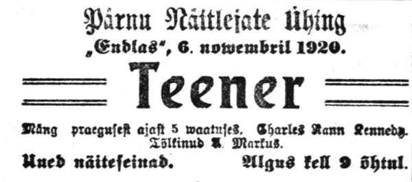 Kuulutus Vaba Maa Pärnu väljaandes 6. nov. 1920