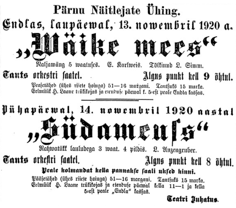 Kuulutus Kaja Pärnu väljaandes 13. nov. 1920 