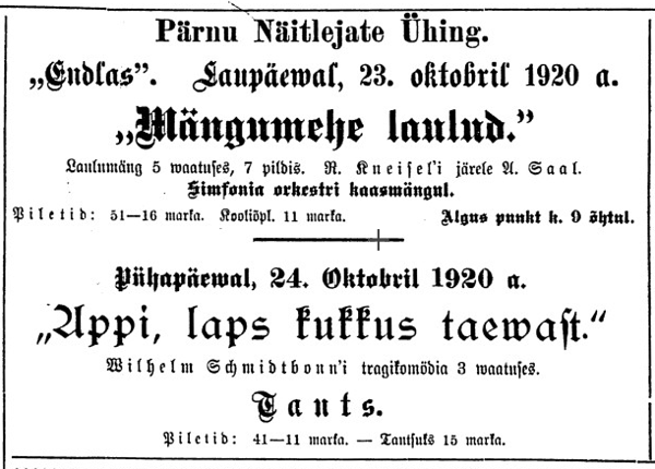 Kuulutus Kaja Pärnu väljaandes 21. okt 1920
