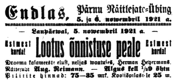 Kuulutus Vaba Maa Pärnu väljaandes 5. nov. 1921