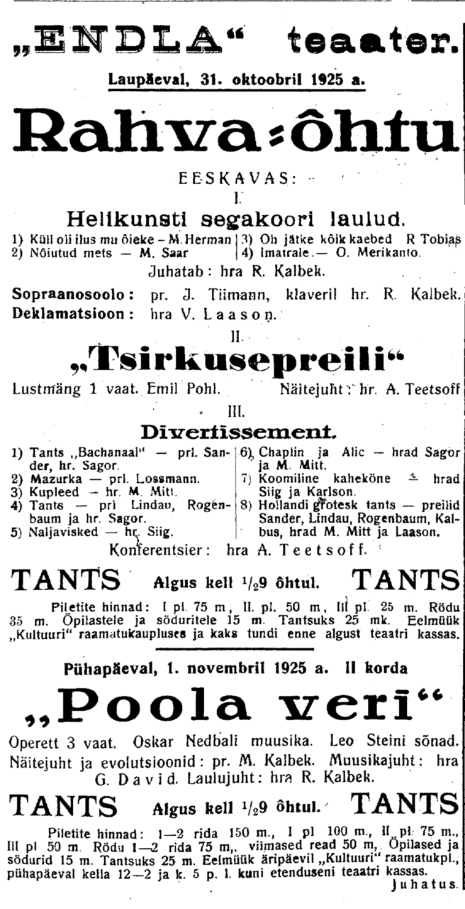 Kuulutus Postimehe Pärnu väljaandes 30. okt. 1925