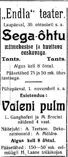 Kuulutus Postimehe Pärnu väljaandes 29. okt. 1926