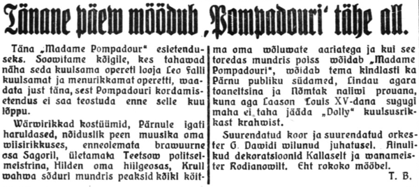 Teatribüroo teade Vaba Maa Pärnu väljaandes 7. nov. 1928
