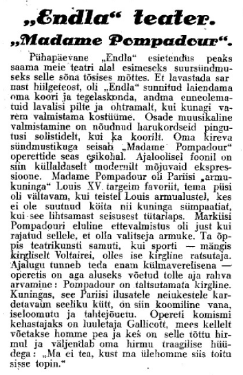 Lavastuse eeltutvustus Postimehe Pärnu väljaandes 2. nov. 1928
