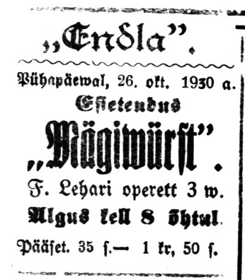 Kuulutus Vaba Maa Pärnu väljaandes 25. okt. 1930