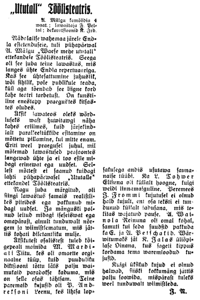 Pärnu Töölisteatri lavastuse arvustus Päru Päevalehes 29. nov 1932