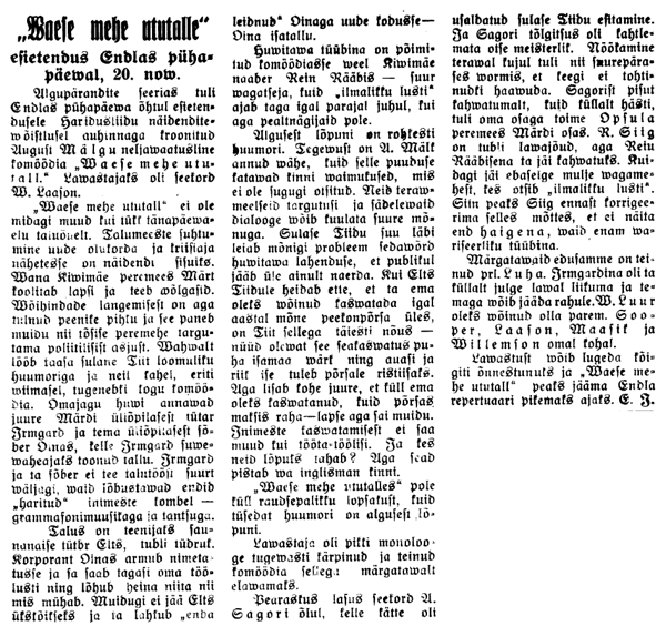 Endla lavastuse arvustus Pärnu Päevalehes 22. nov. 1932