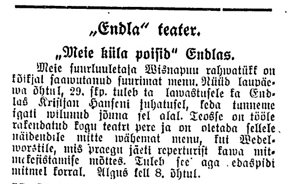 Lavastust tutvustav nupp Pärnumaa Teatajas 29. okt. 1932