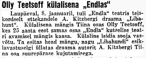 Päevaleht 11. jaan. 1937 (nagu näha, eksiti ajalehtedes kuupäevadega päris tihti – etendus toimus 9. jaanuaril).