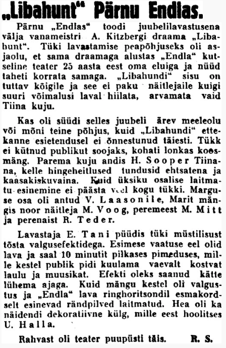 Esietenduse arvustus ajalehes Uus Eesti 3. nov. 1936