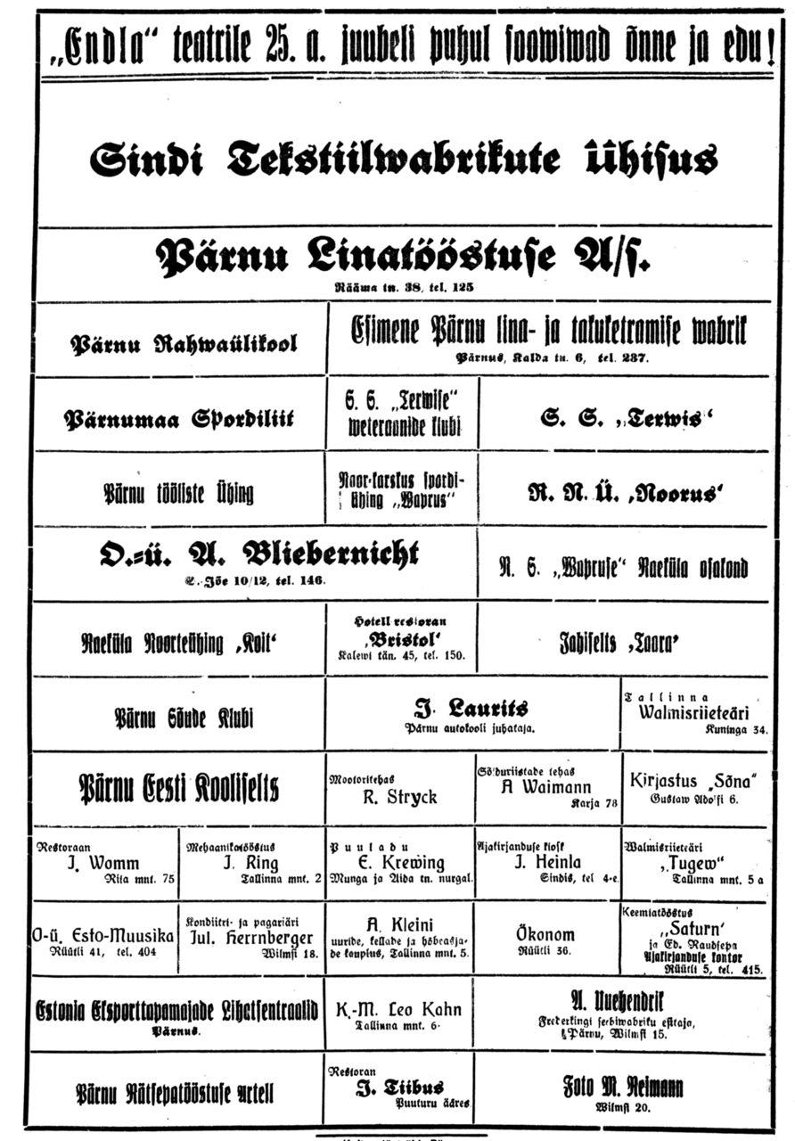 Pärnu ja Pärnumaa asutuste ja isikute õnnitlused Endlale Vaba Maa Pärnu väljaandes 30. okt. 1936