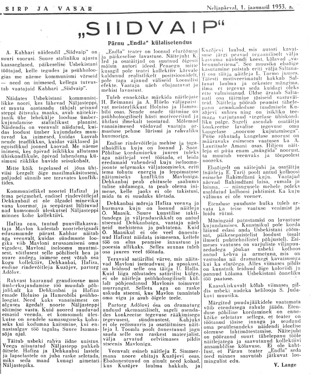 Sirp ja Vasar 1. jaan. 1953