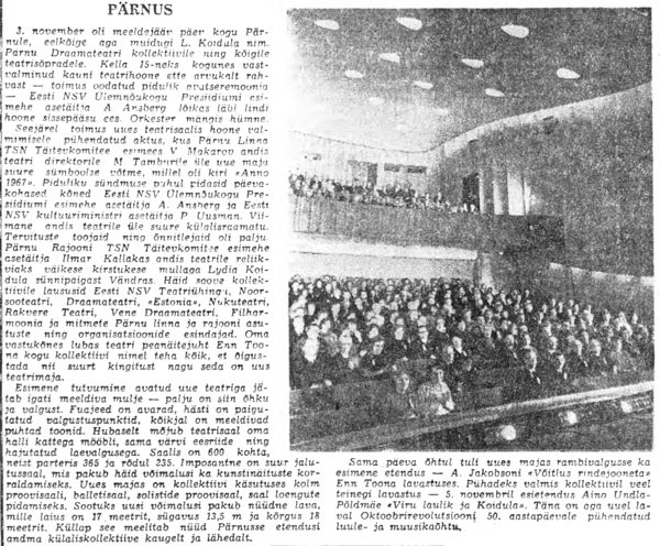 Teatrimaja avamise kajastus ajalehes Sirp ja Vasar 12. nov. 1967