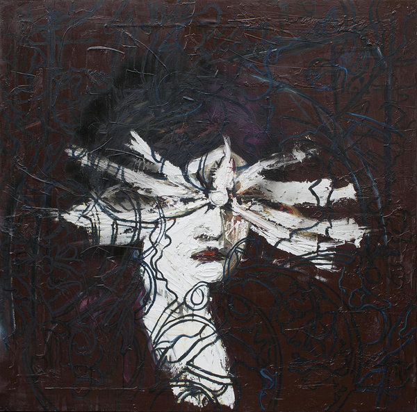 The Butterfly Woman. Mixed media on canvas. 1,5 x 1,5 m
