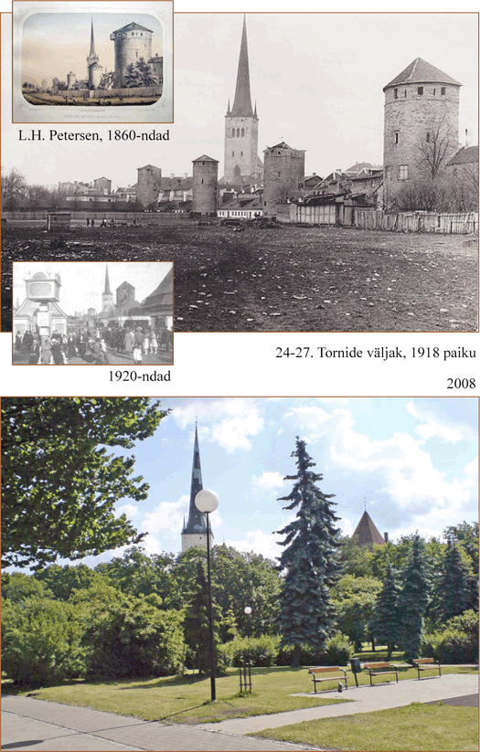 Верхняя фотграфии в левом углу: Л.Х.Петерсон, 1860-ые; верхняя большая фотография: Башенная площадь в 1918 году; фотография слева по середине: Башенная площадь в 1920-ые годы; нижняя большая фотография: Башенная площадь в 2008 году. 