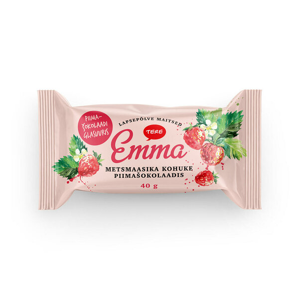 Emma curd snack with wild strawberry filling in milk chocolate glaze