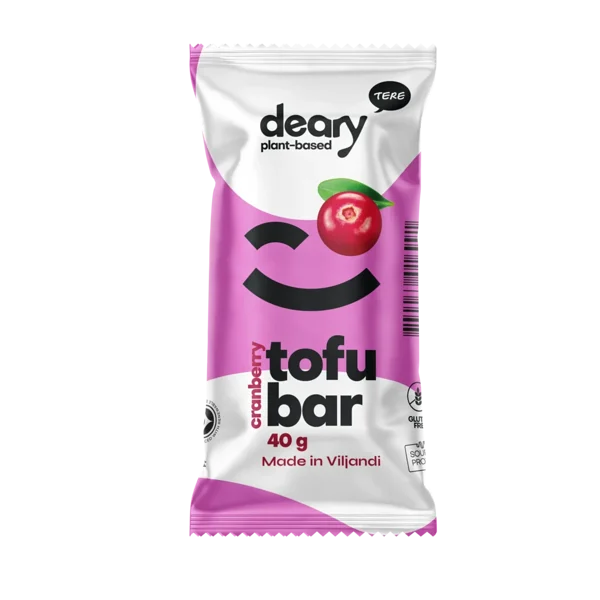 Tofu bar with cranberry filling in chocolate coating