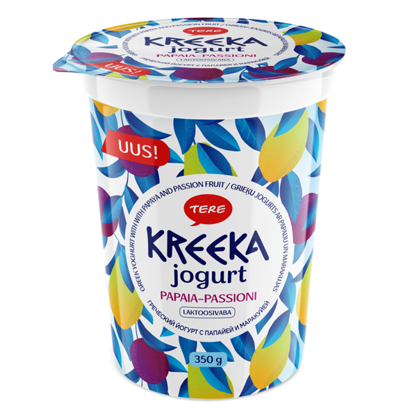 Grieķu jogurts ar papaiju un marakujas 350 g. Bez laktozes.