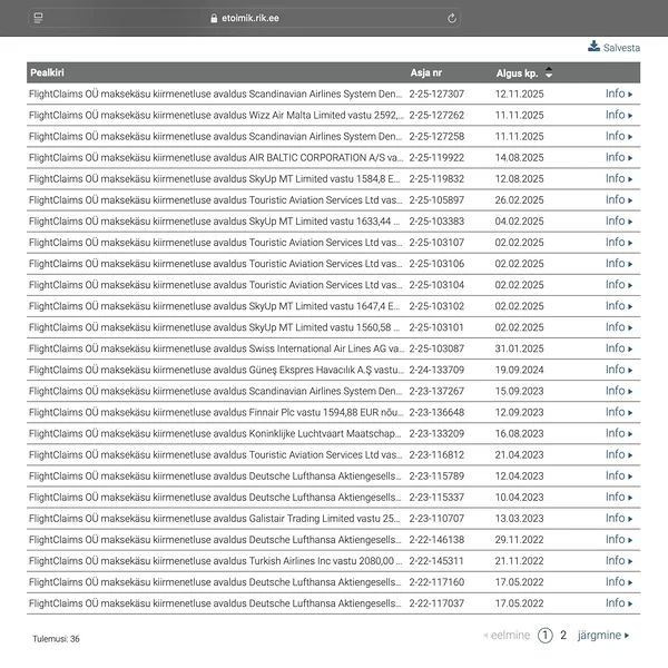 Loetelu FlightClaims OÜ maksekäsu menetlustest Eesti kohtute registrites 2025. aasta seisuga.