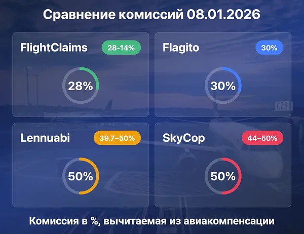 Сравнение комиссий на 08.01.2026 – FlightClaims удерживает наименьшую комиссию до 28% по сравнению с Flagito, Lennuabi и SkyCop.